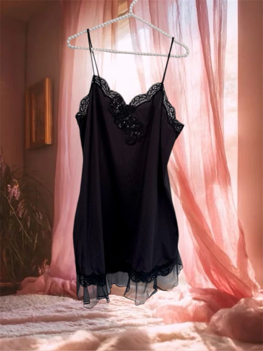 VTG Shadowline Black Nylon Sequin Nightgown Slip Dres Size M